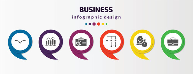 business infographic template with icons and 6 step or option. business icons such as two way arrows, measure success, color business card, points connected chart, woman with dollar bill, bussines