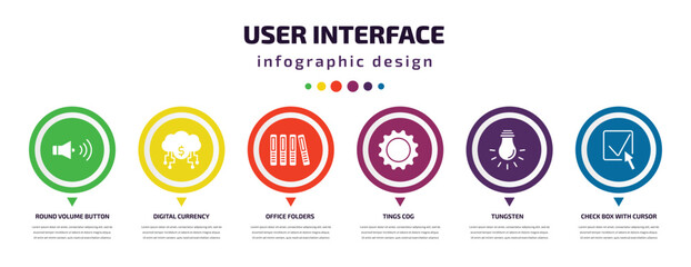 Poster - user interface infographic element with icons and 6 step or option. user interface icons such as round volume button, digital currency, office folders, tings cog, tungsten, check box with cursor
