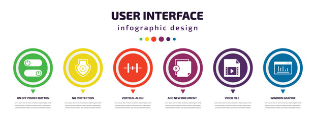 Poster - user interface infographic element with icons and 6 step or option. user interface icons such as on off power button, no protection, vertical align, add new document, video file, window graphic