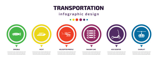 Poster - transportation infographic element with icons and 6 step or option. transportation icons such as dirigible, yacht, helicopter profile, railway line, kick scooter, chairlift vector. can be used for