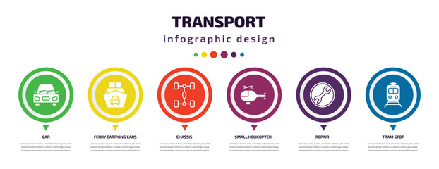 Poster - transport infographic element with icons and 6 step or option. transport icons such as car, ferry carrying cars, chassis, small helicopter, repair, tram stop vector. can be used for banner, info