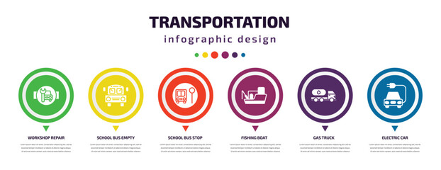 Poster - transportation infographic element with icons and 6 step or option. transportation icons such as workshop repair, school bus empty, school bus stop, fishing boat, gas truck, electric car vector. can