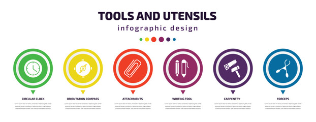 Canvas Print - tools and utensils infographic element with icons and 6 step or option. tools and utensils icons such as circular clock, orientation compass, attachments, writing tool, carpentry, forceps vector.