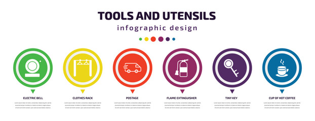 Poster - tools and utensils infographic element with icons and 6 step or option. tools and utensils icons such as electric bell, clothes rack, postage, flame extinguisher, tiny key, cup of hot coffee vector.