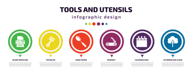 Poster - tools and utensils infographic element with icons and 6 step or option. tools and utensils icons suc