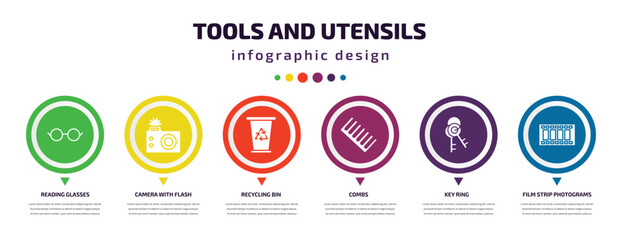 Poster - tools and utensils infographic element with icons and 6 step or option. tools and utensils icons such as reading glasses, camera with flash, recycling bin, combs, key ring, film strip photograms