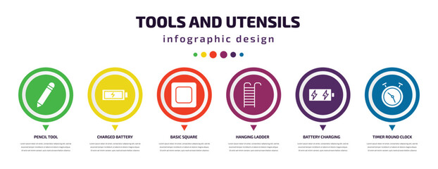 Poster - tools and utensils infographic element with icons and 6 step or option. tools and utensils icons such as pencil tool, charged battery, basic square, hanging ladder, battery charging, timer round