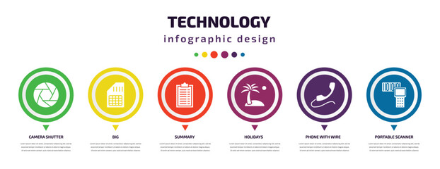 technology infographic element with icons and 6 step or option. technology icons such as camera shutter, big, summary, holidays, phone with wire, portable scanner vector. can be used for banner,