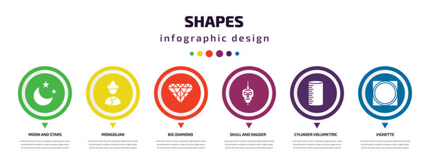 Aufkleber - shapes infographic element with icons and 6 step or option. shapes icons such as moon and stars, mongolian, big diamond, skull and dagger, cylinder volumetric, vignette vector. can be used for
