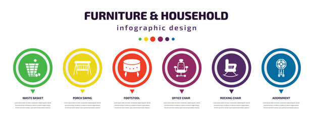 Wall Mural - furniture & household infographic element with icons and 6 step or option. furniture & household icons such as waste basket, porch swing, footstool, office chair, rocking chair, adornment vector.