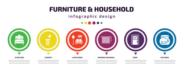 Poster - furniture & household infographic element with icons and 6 step or option. furniture & household icons such as sleigh bed, chimney, living room, window coverings, door, fish bowl vector. can be used