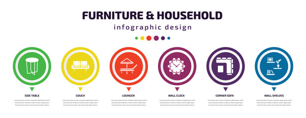 Poster - furniture & household infographic element with icons and 6 step or option. furniture & household icons such as side table, couch, lounger, wall clock, corner sofa, wall shelves vector. can be used