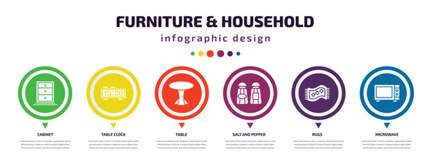 Wall Mural - furniture & household infographic element with icons and 6 step or option. furniture & household icons such as cabinet, table clock, table, salt and pepper shakers, rugs, microwave vector. can be