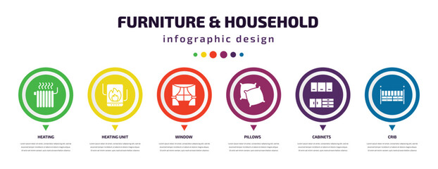 Aufkleber - furniture & household infographic element with icons and 6 step or option. furniture & household icons such as heating, heating unit, window, pillows, cabinets, crib vector. can be used for banner,