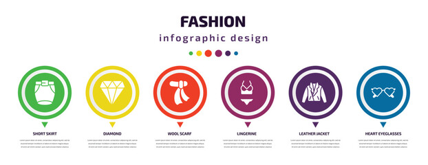 Poster - fashion infographic element with icons and 6 step or option. fashion icons such as short skirt, diamond, wool scarf, lingerine, leather jacket, heart eyeglasses vector. can be used for banner, info