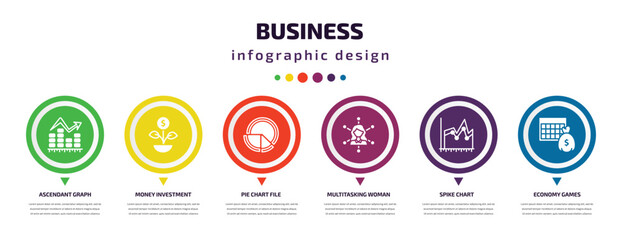 Poster - business infographic element with icons and 6 step or option. business icons such as ascendant graph, money investment, pie chart file, multitasking woman, spike chart, economy games vector. can be
