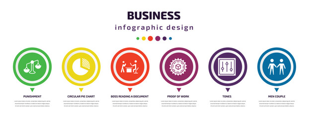 Poster - business infographic element with icons and 6 step or option. business icons such as punishment, circular pie chart, boss reading a document, proof of work, tones, men couple vector. can be used for