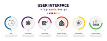 User Interface Infographic Element With Icons And 6 Step Or Option. User Interface Icons Such As Past, Pointed Star, Video Edition, Open Letter Read Email, White Balance, Internet Modem Vector. Can