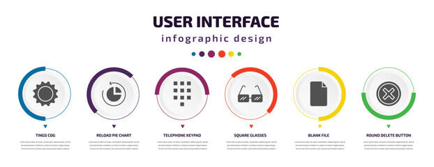 Poster - user interface infographic element with icons and 6 step or option. user interface icons such as tings cog, reload pie chart, telephone keypad, square glasses, blank file, round delete button