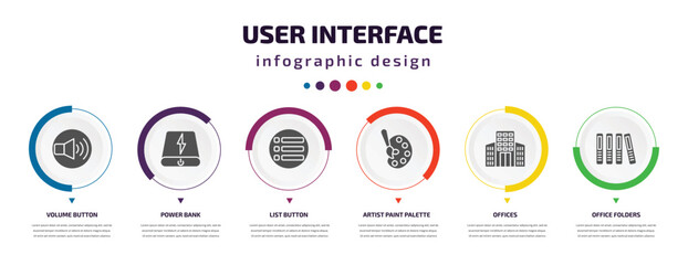 Aufkleber - user interface infographic element with icons and 6 step or option. user interface icons such as volume button, power bank, list button, artist paint palette, offices, office folders vector. can be