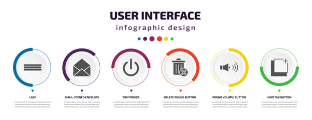 Wall Mural - user interface infographic element with icons and 6 step or option. user interface icons such as lace, email opened envelope, tiny power, delete round button, round volume button, new tab button