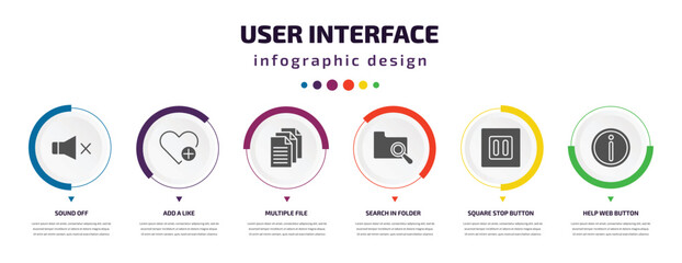 Poster - user interface infographic element with icons and 6 step or option. user interface icons such as sound off, add a like, multiple file, search in folder, square stop button, help web button vector.