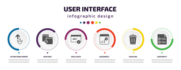 Poster - user interface infographic element with icons and 6 step or option. user interface icons such as up and down arrow, new page, spellcheck, disconnect, trash bin, confirmity vector. can be used for
