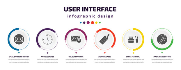 Poster - user interface infographic element with icons and 6 step or option. user interface icons such as email envelope button, anti clockwise, unlock envelope, shopping label, office material, magic wand