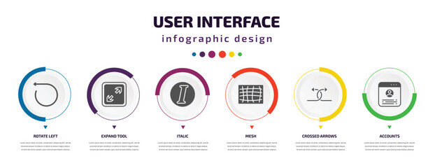 Poster - user interface infographic element with icons and 6 step or option. user interface icons such as rotate left, expand tool, italic, mesh, crossed arrows, accounts vector. can be used for banner, info