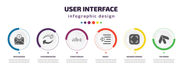 user interface infographic element with icons and 6 step or option. user interface icons such as new message, synchronisation, strikethrough, indent, rounded corners square, top arrow vector. can be