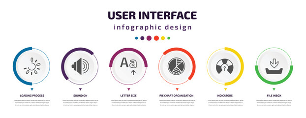 Poster - user interface infographic element with icons and 6 step or option. user interface icons such as loading process, sound on, letter size, pie chart organization, indicators, file inbox vector. can be