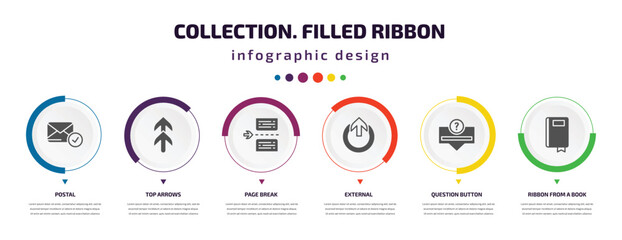 Poster - collection. filled ribbon infographic element with icons and 6 step or option. collection. filled ribbon icons such as postal, top arrows, page break, external, question button, ribbon from a book