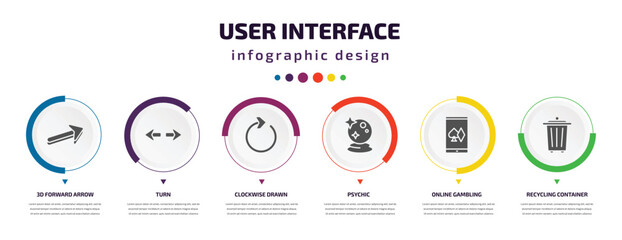 Poster - user interface infographic element with icons and 6 step or option. user interface icons such as 3d forward arrow, turn, clockwise drawn arrow, psychic, online gambling, recycling container vector.