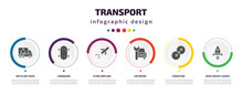 Transport Infographic Element With Icons And 6 Step Or Option. Transport Icons Such As Recycling Truck, Longboard, Flying Airplane, Car Repair, Transition, Space Rocket Launch Vector. Can Be Used