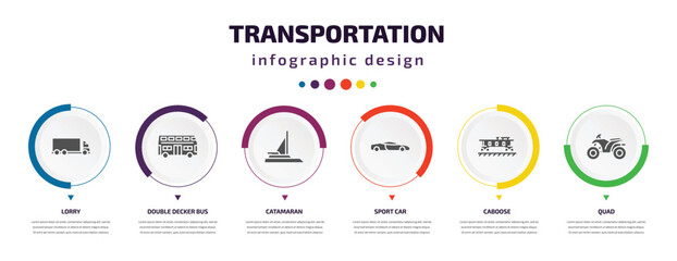 Poster - transportation infographic element with icons and 6 step or option. transportation icons such as lorry, double decker bus, catamaran, sport car, caboose, quad vector. can be used for banner, info