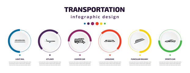 Poster - transportation infographic element with icons and 6 step or option. transportation icons such as light rail, jetliner, camper car, limousine, funicular railway, sports car vector. can be used for