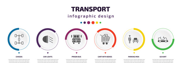 Wall Mural - transport infographic element with icons and 6 step or option. transport icons such as chassis, car lights, prison bus, cart with boxes, parking men, go kart vector. can be used for banner, info