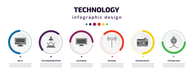 Poster - technology infographic element with icons and 6 step or option. technology icons such as big tv, teletransportation, lcd screen, antenna, vintage digital camera, pitching hine vector. can be used