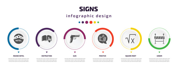Poster - signs infographic element with icons and 6 step or option. signs icons such as round hotel, instruction, gun, positive, square root, under vector. can be used for banner, info graph, web,