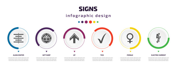 Poster - signs infographic element with icons and 6 step or option. signs icons such as align center, gift shop, up, tick, female, electric current vector. can be used for banner, info graph, web,