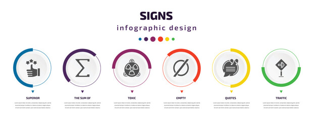 Poster - signs infographic element with icons and 6 step or option. signs icons such as superior, the sum of, toxic, empty, quotes, traffic vector. can be used for banner, info graph, web, presentations.
