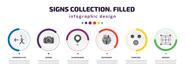 Poster - signs collection. filled infographic element with icons and 6 step or option. signs collection. filled icons such as emergency exit, camera, placeholders, restaurant, therefore, borders vector. can