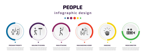 Poster - people infographic element with icons and 6 step or option. people icons such as pregnant priority, walking to school, man attacking, man knocking a door, knocking, movie director vector. can be