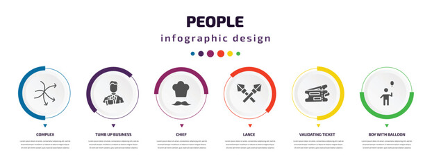 Poster - people infographic element with icons and 6 step or option. people icons such as complex, tumb up business man, chief, lance, validating ticket, boy with balloon vector. can be used for banner, info