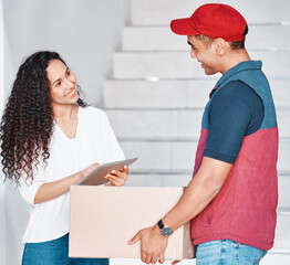 Poster - Delivery, tablet and courier with a box, stock and ecommerce cargo for a woman at her house. Happy, young and customer giving her signature on technology to a worker with a retail package at her home