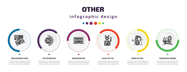 Poster - other infographic element with icons and 6 step or option. other icons such as idea business card, the 30 minutes, demostration, lucky cat toy, wood cutter, tombstone zombie hand vector. can be used