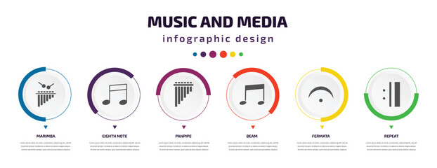 Poster - music and media infographic element with icons and 6 step or option. music and media icons such as m