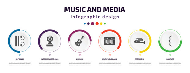 Poster - music and media infographic element with icons and 6 step or option. music and media icons such as alto clef, webcam video call, ukelele, music keyboard, trombone, bracket vector. can be used for