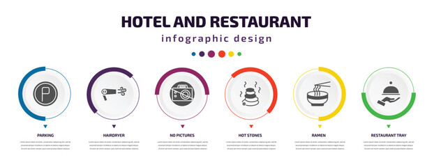 Poster - hotel and restaurant infographic element with icons and 6 step or option. hotel and restaurant icons such as parking, hairdryer, no pictures, hot stones, ramen, restaurant tray vector. can be used