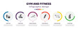 gym and fitness infographic element with icons and 6 step or option. gym and fitness icons such as carrot fitness food, pushups exercises, bracelet, resistance band, drink vector. can be used for